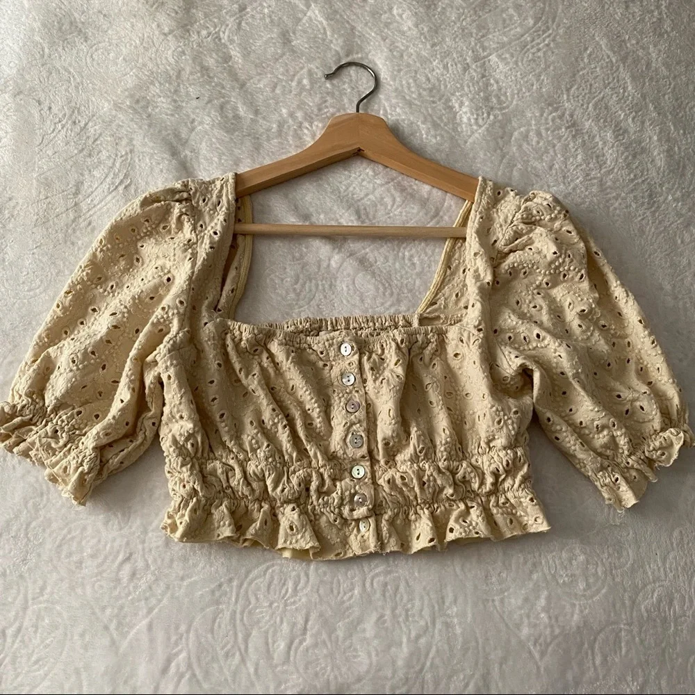 UO Tan Button Down Eyelet Crop Top